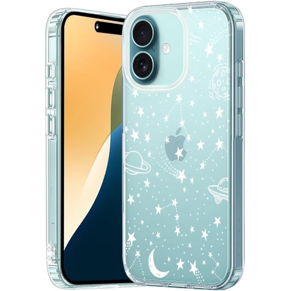 Clear Case for iPhone 16 Case with Flowers, for Girls Woman, Shockproof Stars Moon Alien UFO Meteor Universe Space Planet Floral Design, Slim Hard Back Protective Phone Cover 6.1inch (Cosmos16)