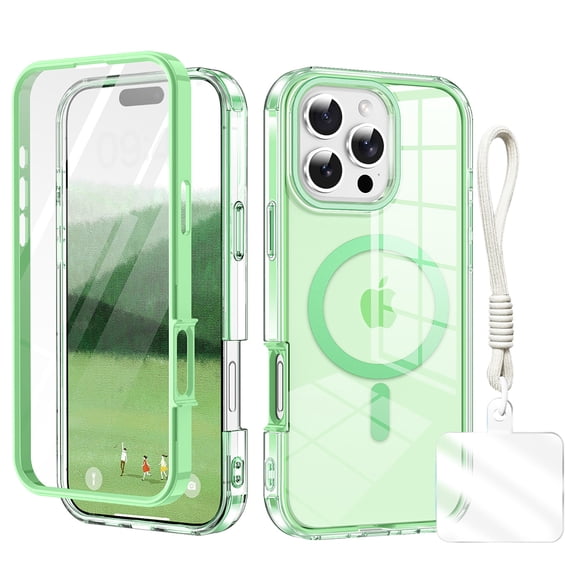 Clear Case for iPhone 16 Pro with Hand Strap, Compatible with Mag-Safe iPhone 16 Pro Cover, Shockproof Anti-Yellow TPU Bumper Protective Phone Case for Apple iPhone 16 Pro,Green
