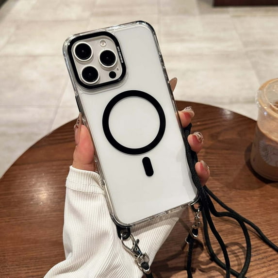 Clear Case for iPhone 16 Pro Max 6.9" with Shoulder Strap, Magnetic Cover Compatible with Mag-Safe Charging Slim Transparent Hard PC Protective Phone Cover for iPhone 16 Pro Max, Black