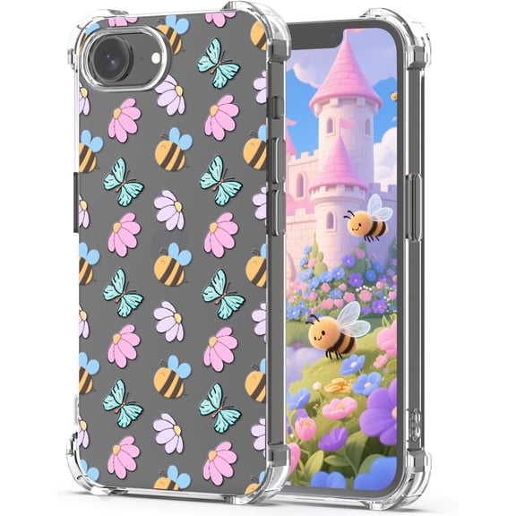 Clear Case for iPhone 16e Cute Bee Floral Daisy, White Flower Pattern Design Girls Soft TPU Protective Shockproof Mobile Phone Case for iPhone 16e Women