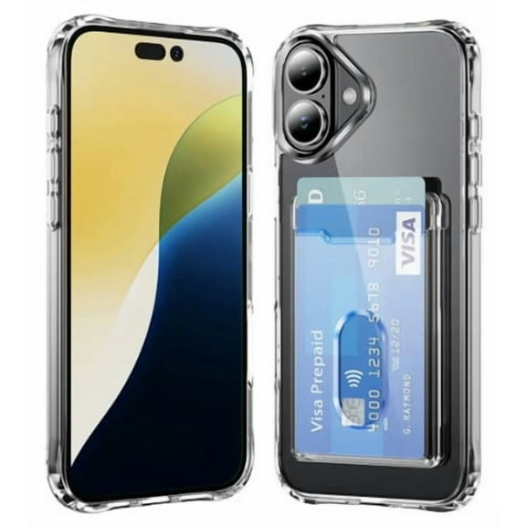 Clear  PC TPU Card Holder Case for iPhone 17 with Additional Tempered Glass Screen Protector Included