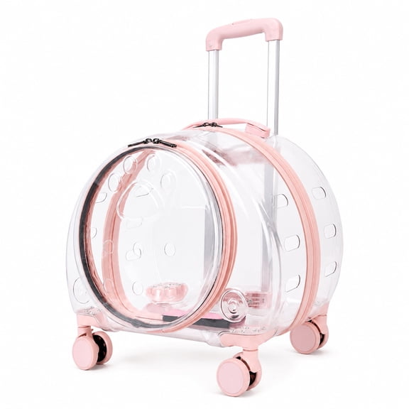 Clear Cat Carrier with Wheels, Hard Shell Transparent Bubble Pet Carrier, Rolling Trolley with Ventilation Holes for Cats Small Dogs Travel Walking Outdoor