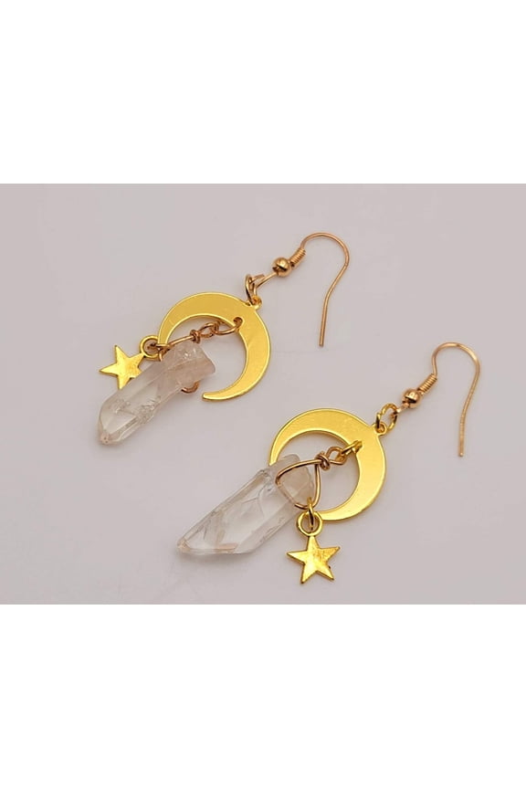 Clear Celestial Aura Quartz Earrings Handmade, Cute earrings Irregular crescent