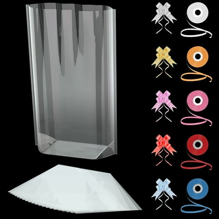 Clear Cellophane Bags 100 Bags Pack 6x10 inches, 100 Bows, 5 Ribbons by Wise Linkers