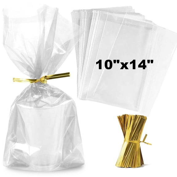 Zcintert Clear Cellophane Bags - 100-Pack, 10x14 Inches, 2mil Thickness with 4-Inch Twist Ties for Gift Packaging