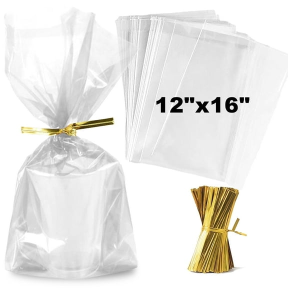 Zcintert Clear Cellophane Bags, 100-Pack, 12x16 Inches with 4-Inch Twist Ties, 2mil Thick for Retail Display