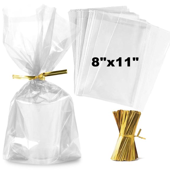 Zcintert Food Safe Sealable Clear Cellophane Bags, 100-Pack, 8x11, 2mil BOPP with 4" Twist Ties for Candy & Snacks