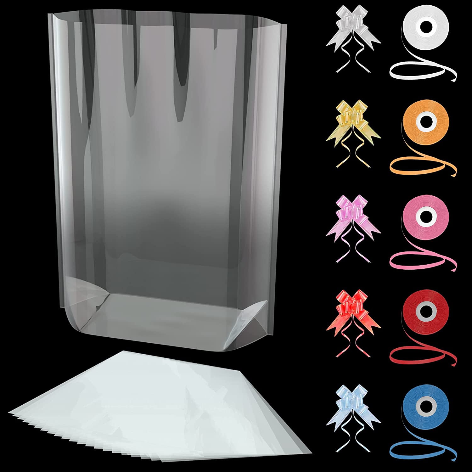 Clear Cellophane Bags 25 Bags Pack 14x20 inches, 25 Bows, 5 Ribbon by Wise Linkers