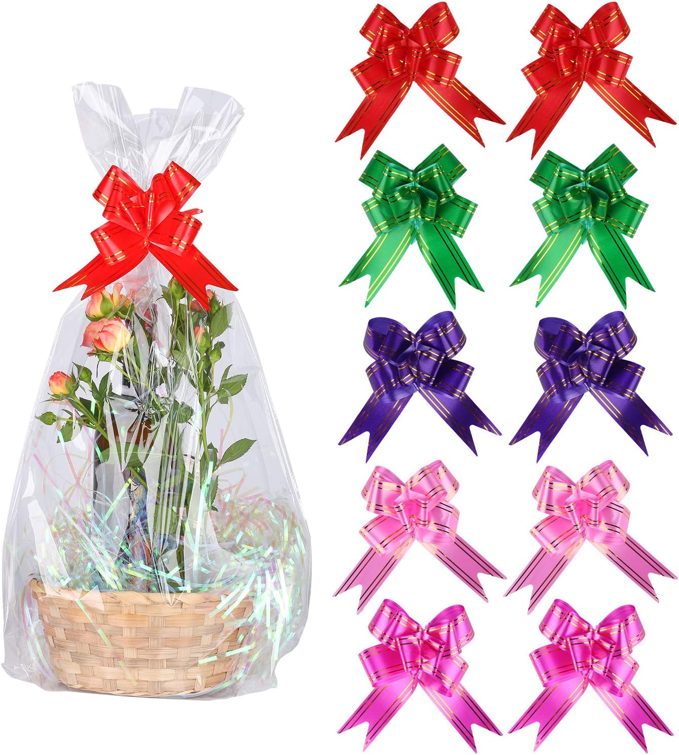 Clear Cellophane Basket Bags Set with Pull Bows 40 Pieces (20 Bags