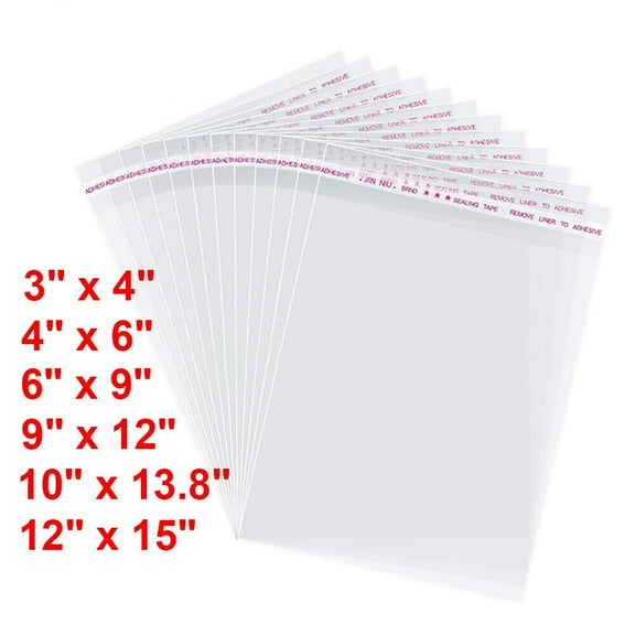 Clear Cellophane Plastic Bags, Resealable Self-Sealing Cello Bags Great for Packaging Clothing, Shirts, Decorative Wrappers, Party Favors, Artwork and More