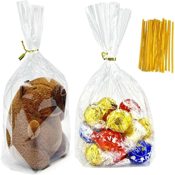 Clear Cellophane Treat Bags with Ties, 6"x 9" (100 pcs) Bottom Gusset Bags for Gift Wrapping, Party Favors, Candies, Cookies, Chocolates, Popcorn