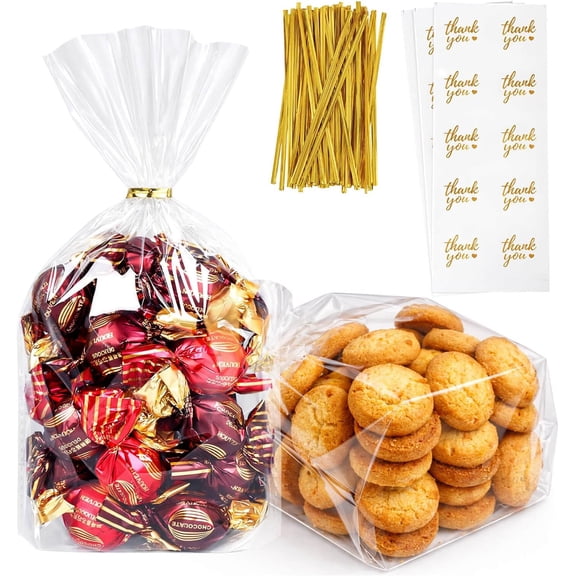 Clear Cellophane Treat Bags with Ties, 6"x 9" (100 pcs) Bottom Gusset Bags for Gift Wrapping, Party Favors, Candies, Cookies, Chocolates, Popcorn