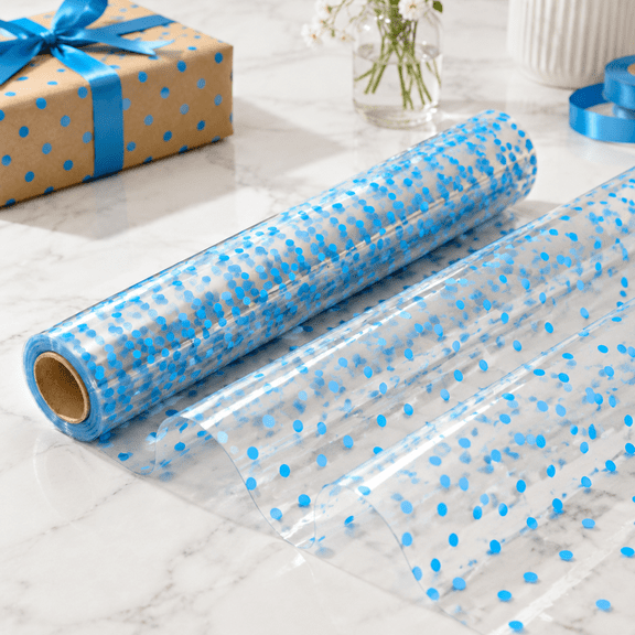 Clear Cellophane Wrap Roll (34" X 100'ft) Blue Polka Dot Transparent Fors Gifts Baskets Flowers Birthday Party Eastermas Decorati