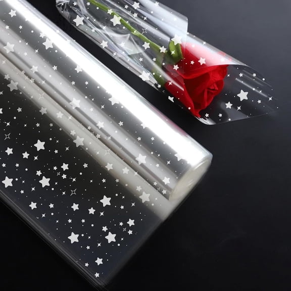 Clear Cellophane Wrap Roll, 65 Ft x 23.6 in Star Pattern Cellophane Wrap Clear Wrapping Paper for Gift Baskets Flowers Treats Wine (Width 23.6" folded into 11.8")