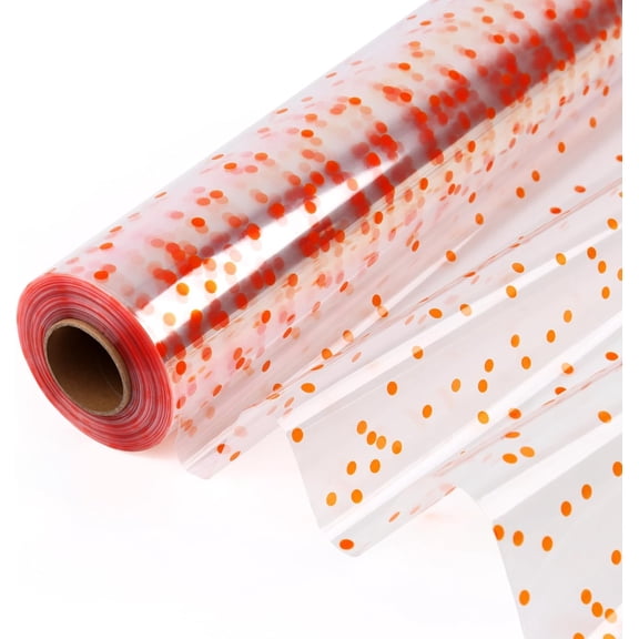 Clear Cellophane Wrap Roll with Orange Polka Dots | 34" x 100’ | 3 Mil Transparent Cellophane Roll,Gift Wrap Cellophane,large Cellophane Wrap Film for Autumn Thanksgiving Baskets, Gifts, Treats,Cra