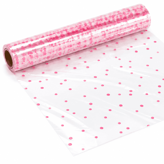 Clear Cellophane Wrap Roll with Pink Polka Dots, 34 in x 100 ft, 3 Mil Thick Transparent Wrapping Film for Gift Baskets, Flowers, Treats and Party Decorations