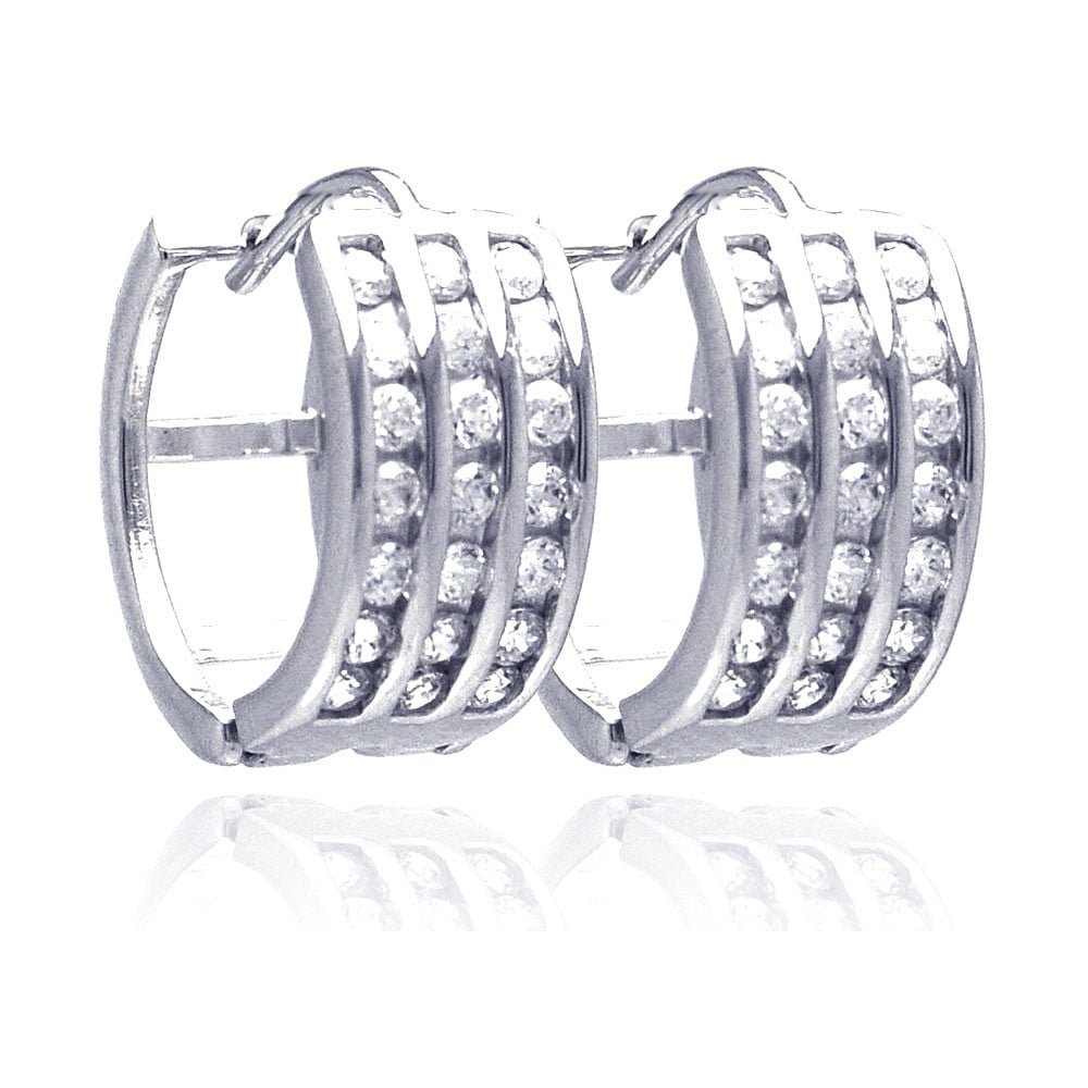 Clear Channel Set Cubic Zirconia Triple Row Hinged Hoop Earrings Rhodium Plated Sterling Silver