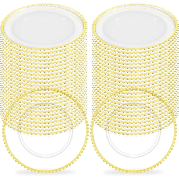 Clear Charger Plates Bulk Wedding - Premium Clear Plastic Chargers with Gold Beaded RimDecorative Dinner Charger Plates for Events & Parties