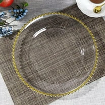 Clear Charger Plates with Gold Beaded Rim, Plastic Decorative Serveware for Wedding and Party Table Settings.