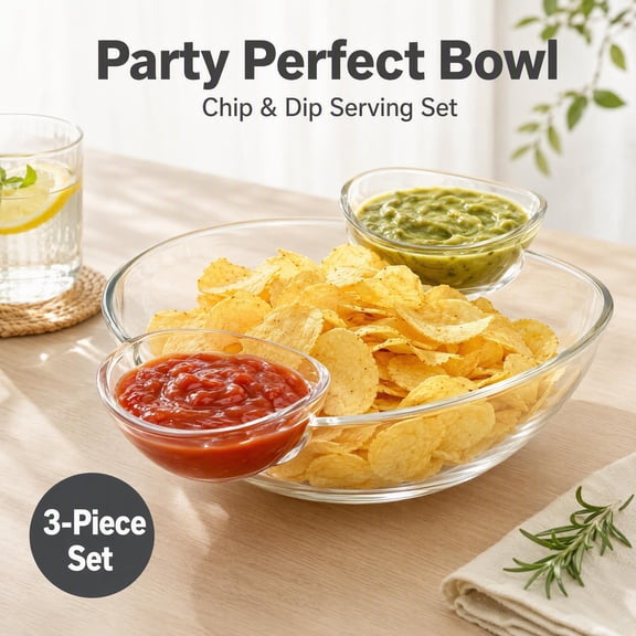 Clear Chip and Dip Bowl Set, Large Serving Bowl with 2 Removable Dipping Dishes for Snack, Salad, Party Gathering