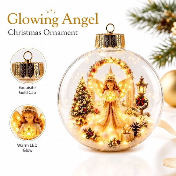 Clear Christmas Ball with LED Lights, 3D Christmas Angel Scene Transparent Plastic Hanging Ornament, Lighted Holiday Tree Ball Decor for Xmas Party Home Indoor Centerpiece, 3.93in
