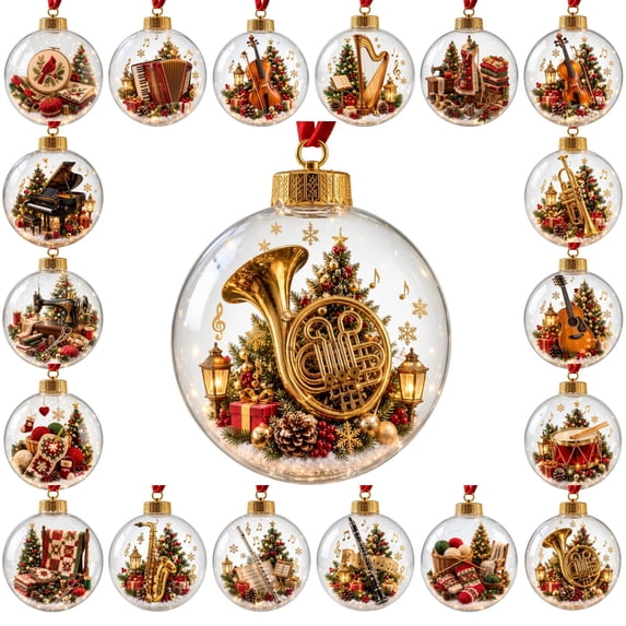 Clear Christmas Ball Ornament Musical Instrument Mini Winter Scene Glowing LED Hanging Bauble Festive Holiday Keepsake Decoration Gift for Xmas Tree Home Party