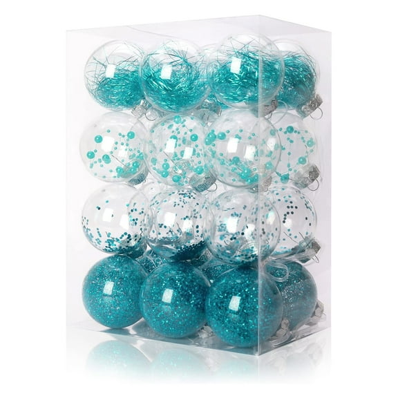 Clear Christmas Ball Ornaments, 24ct Plastic Decorative Christmas Ornaments Hanging Xmas Tree Baubles Set with Stuffed Delicate Glittering Decorations for Holiday Party Decor (2.36''/60mm, Blue)
