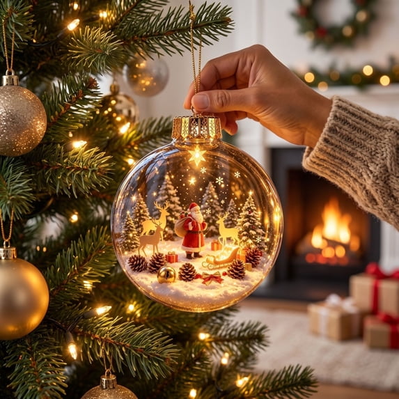 Clear Christmas Diorama Bauble Ornament 2D Winter Scene Festive Christmas Tree Hanging Decor for Mantel Window Holiday Gift Idea, 3.15In #