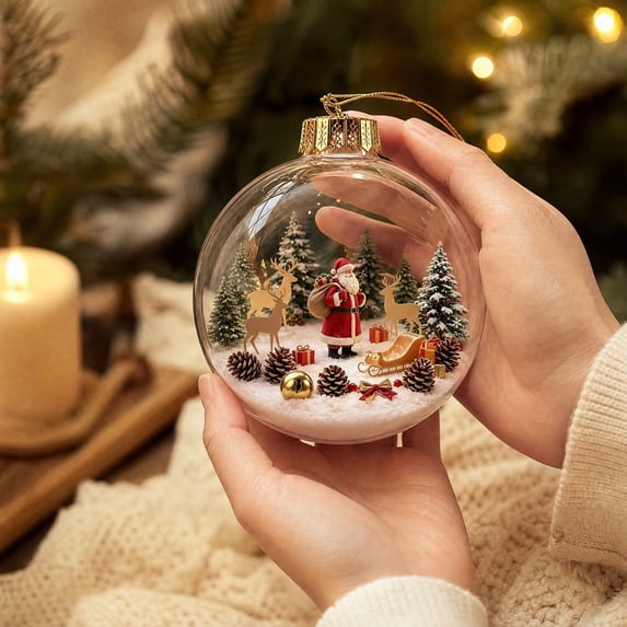 Clear Christmas Diorama Bauble Ornament 2D Winter Scene Festive Christmas Tree Hanging Decor for Mantel Window Holiday Gift Idea, 3.15In #
