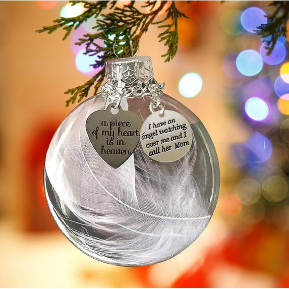 Clear Christmas Memorial Ornament Feather Ball, A Piece of My Heart is in Heaven, Christmas Tree Memorial Hanging Pendant Gift