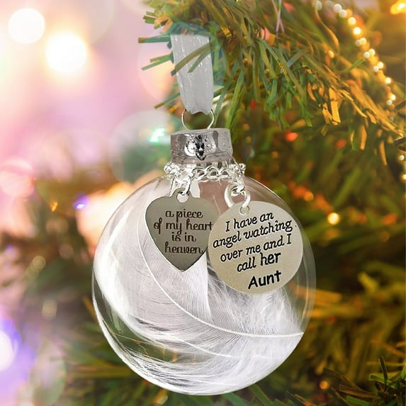 Clear Christmas Memorial Ornament Feather Ball, A Piece of My Heart is in Heaven, Christmas Tree Hanging Sympathy Gift with Silk Ribbon, Remembrance Hanging Pendant Memorial Gifts, 2.36 Inch