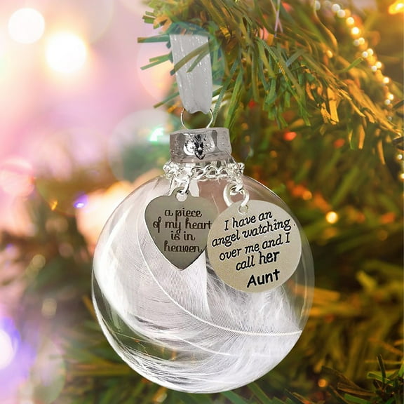 Clear Christmas Memorial Ornament Feather Ball, A Piece of My Heart is in Heaven, Christmas Tree Hanging Sympathy Gift with Silk Ribbon, Remembrance Hanging Pendant Memorial Gifts, 2.36 Inch