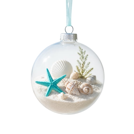 Clear Christmas Ornaments Balls with Coastal Beach Theme, 1 Pack, Transparent Sphere with Silver Cap, for Christmas Tree Decor, Holiday Decoration