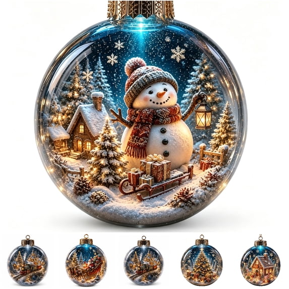 Clear Christmas Tree Balls 3.15 Inch, Lighted Snowman Scene Ornament, Glowing Acrylic Tree Bulb for Home, Christmas Gift