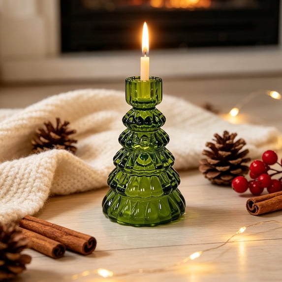 Clear Christmas Tree Glass Candle Holders, Taper Tealight Candlestick Holders for Table Centerpieces, Xmas Tree Shaped Decorations, for Party Winter Holiday Farmhouse Centerpiece Decor