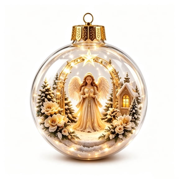 Clear Christmas Tree Ornaments 3.14 Inch, Lighted Bell Shaped Angel Scene Pendant, Glowing Christmas Bell Dome for Tree, 1 Count