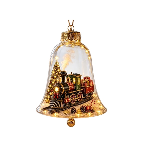 Clear Christmas Tree Ornaments 3.94 Inch, Lighted Bell Shaped Train Scene Pendant, Glowing Christmas Bell Dome for Tree, 1 Count