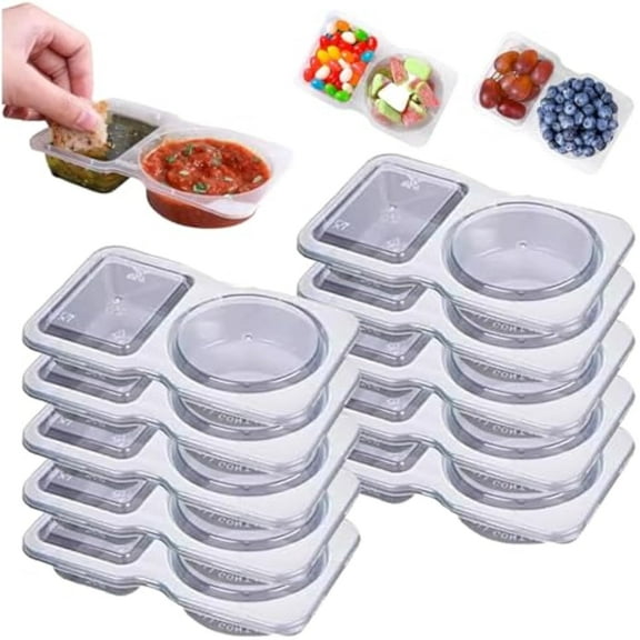 Clear and Clever Snack Containers with Lids, 30pcs Reusable Snack Pack Containers 2 Compartments, Grab And Go Snacks Container, Double Compartment Condiment Container (10pcs)
