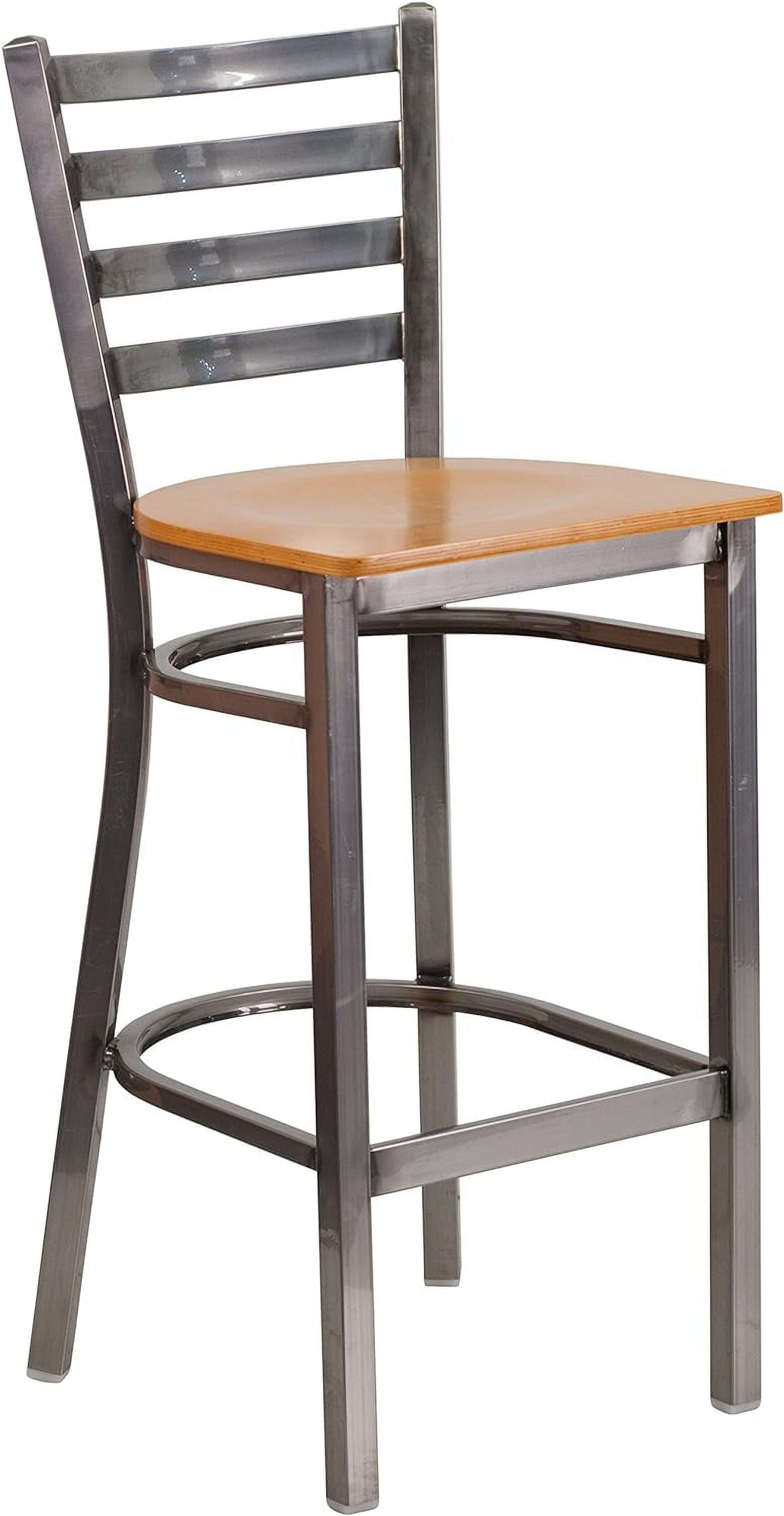 Clear Coated Metal Ladder Back Barstool, Natural Wood Seat