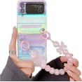 thumbnail image 1 of Clear Color Phone Case for Samsung Galaxy Z Flip 3 Pink Strap, Fashion Wristband Case for Galaxy Z Flip 3 Laser Effect, Cute Girly Case for Samsung Z Flip 4 Beads Lanyard (Pink Strap), 1 of 15