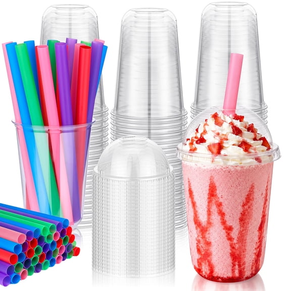 Clear+Colorful Straw 16oz Dome Lid Plastic Cups