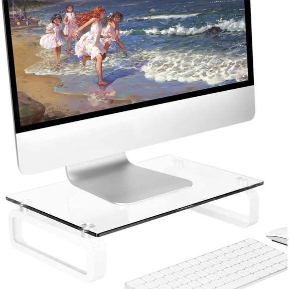 Clear Computer Monitor Stand Riser Multi Media Desktop Stand for Flat Screen LCD LED TV, Laptop/Notebook, with Tempered Glass and Metal Legs, HD02T-001