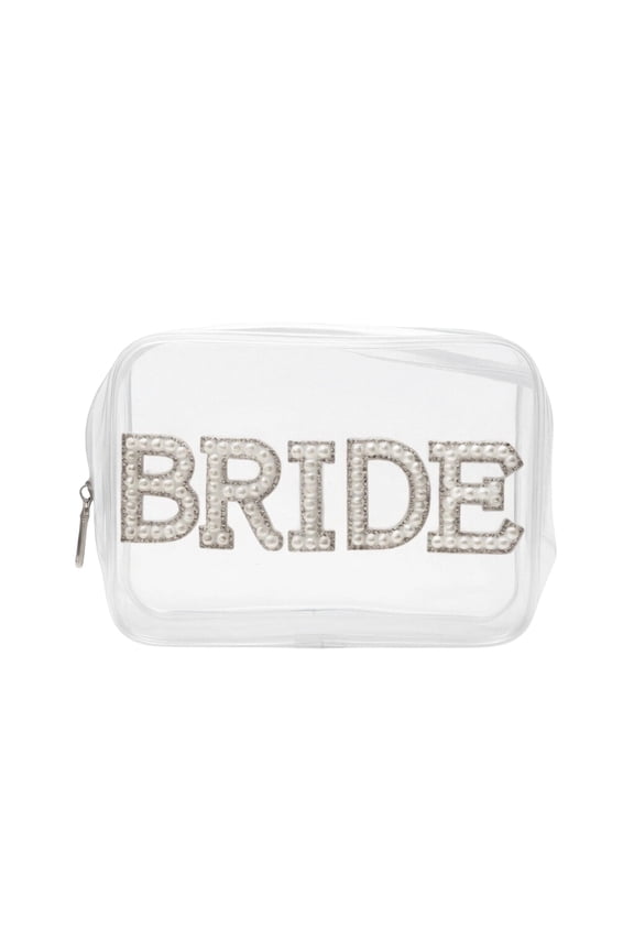 Clear Cosmetic Bag, Gifts for Bride Makeup Bag, Portable Travel Toiletry Bag Bling Pearl Rhinestone Patch Letter Bags for Engagement Party Wedding (Silver)
