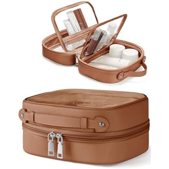 Clear Cosmetic Bag Double Layer Travel Toiletry Bag Clear Makeup Bag Case with 4 Compartments, Transparent Travel Bag for Toiletries, Large Toiletry Bag for Women Cosmetic Case (Brown, Small)