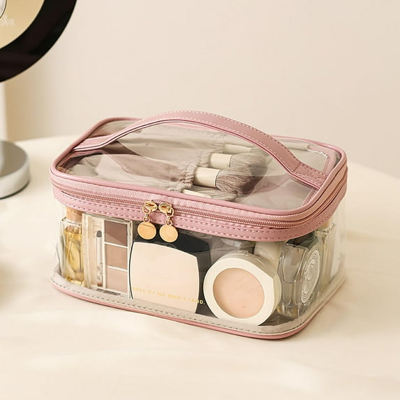 Clear Cosmetic Bag Large Capacity, Transparent Makeup Organizer Pouch, Double Layer Portable Toiletry Travel Bag with Top Handle for Women, Durable PVC Material, Easy to Clean and Lightweight