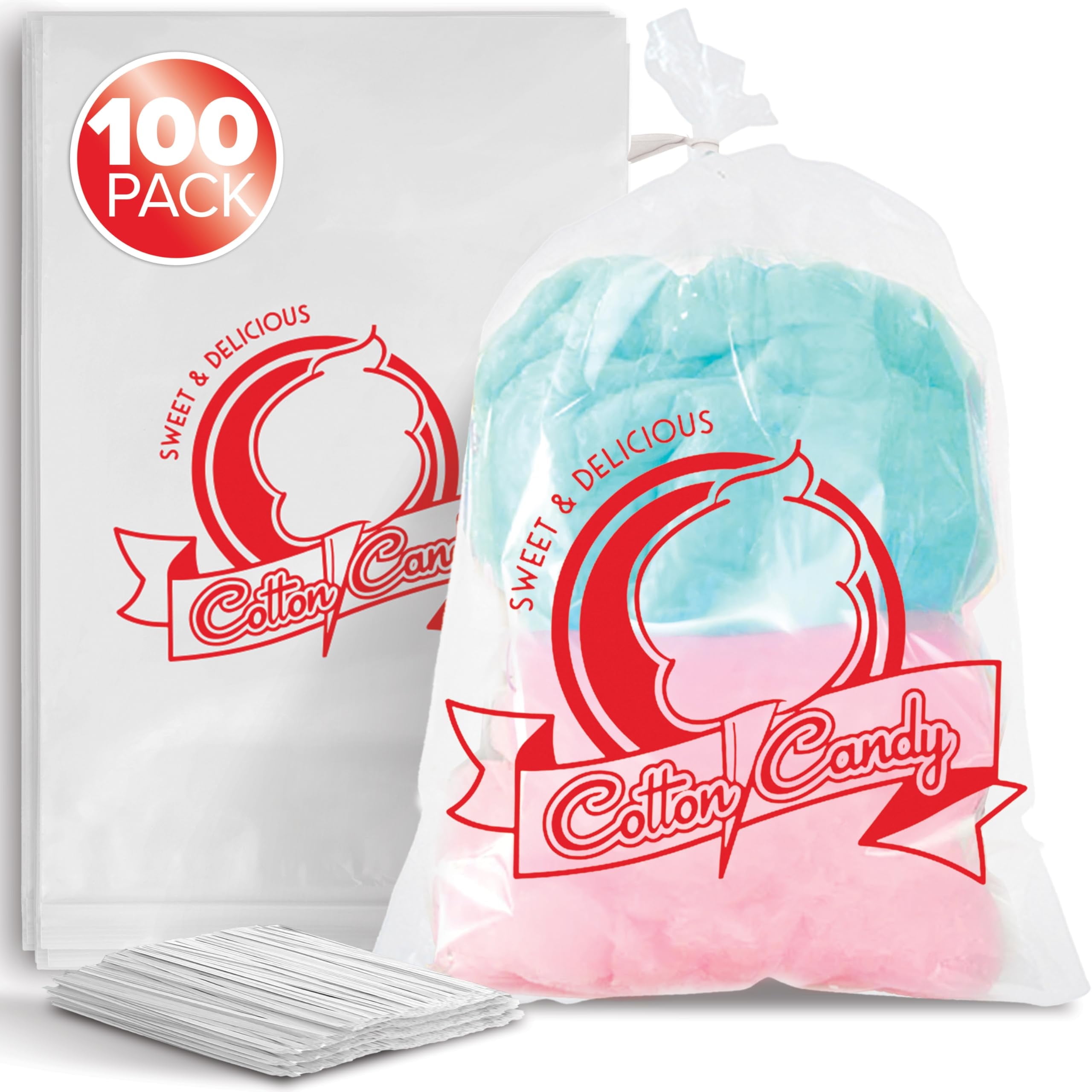 200 Cotton Candy Bags With Ties - 18.4x11.7 Inch Clear Plastic Containers For Parties