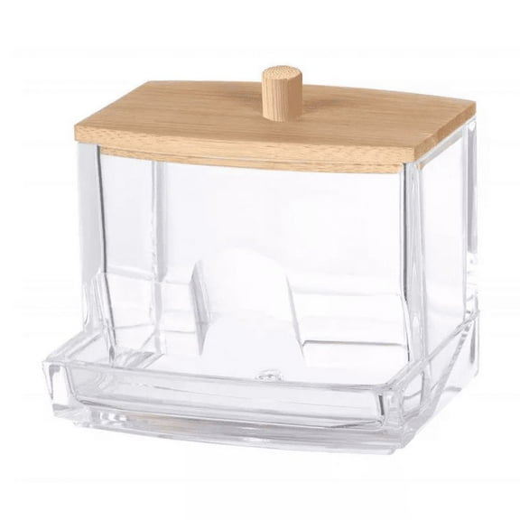 Clear Cotton Swab Dispenser with Bamboo Lid—Acrylic Qtips Dispenser, Easy-Access, Cotton Swab and Cotton Ball Holder-2 Pack
