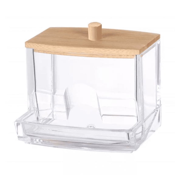 Clear Cotton Swab Dispenser with Bamboo Lid—Acrylic Qtips Dispenser, Easy-Access, Cotton Swab and Cotton Ball Holder