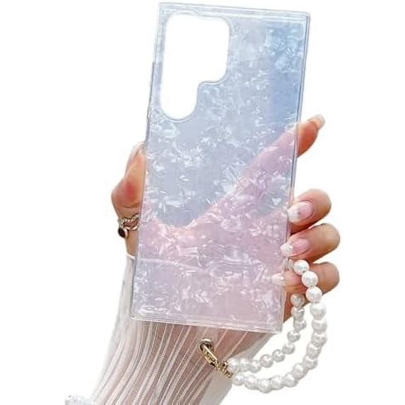 Clear Cover Compatible with Galaxy S24 Ultra, Elegant Shell Patten Non-Yellowing S24 Phone Case, Cute Bling Protective Slim Thin S24 Case with Pearl Chain Bracelet (White,Galaxy S24 Ultra)