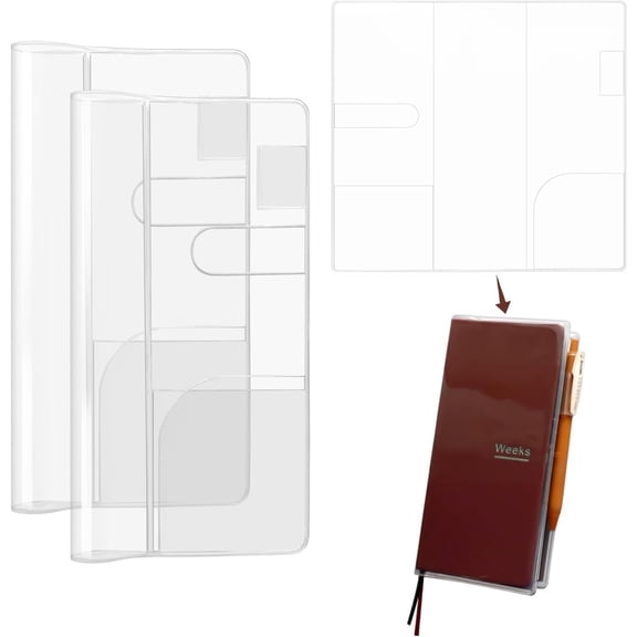 Clear Cover for Hobonichi Weeks 2026, 2 Pack Crystal Clear PVC Weeks Planner Cover with Pen Loop & Card Pockets, Protective Sleeve for Standard Weeks Book